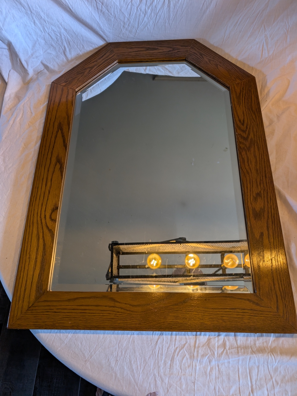 Vintage Brown Octagonal oak Wood-Frame Wall Mirror